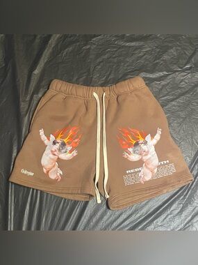 Civil Regime Rebel Youth Flaming Cherub Graphic Shorts Men’s M Brown Streetwear